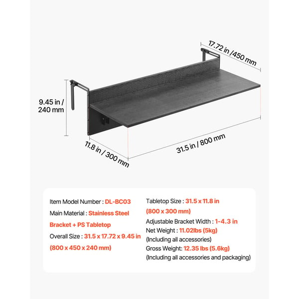 Altanophængt bord, 30,5x81,3 cm sammenklappeligt udendørs bord, sort, metal