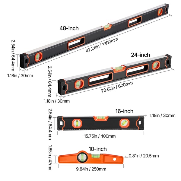 Level Set, 4-osainen magneettinen vatupassi, 1200x30x64.4 mm, musta, alumiini