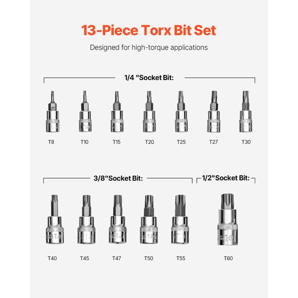 Torx bit topnøglesæt, 13-dele, 195x140x38 mm, sort, legeret stål