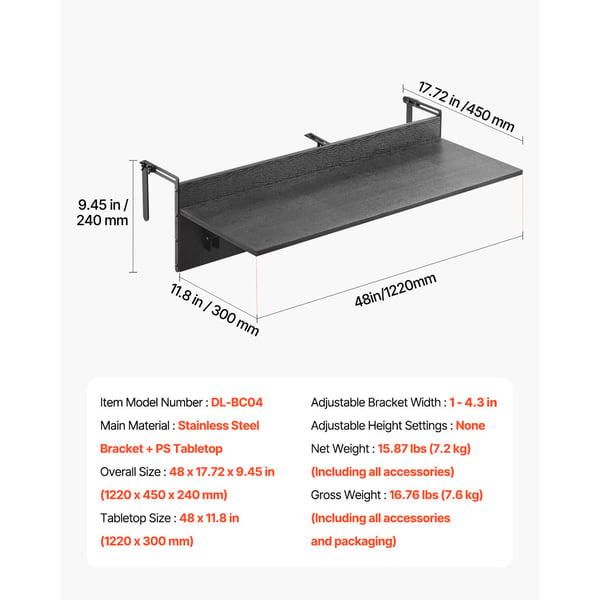 Balkonghängande bord, 122x45x24 cm, Fällbart, Utomhus
