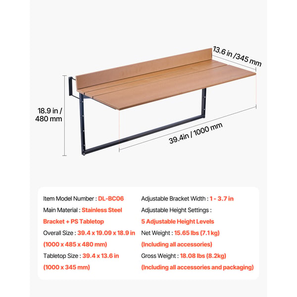 Balkonghängande bord, 100x48.5x48 cm, Fällbart, Justerbart, Utomhus