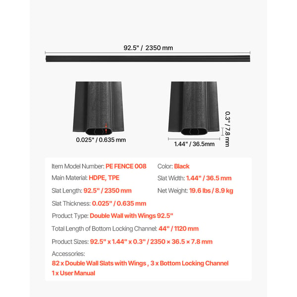 Sekretessstavar för staket, dubbelvägg vertikal bottenlåsning med vingar, 2350x36,5x7,8 mm, svart, HDPE