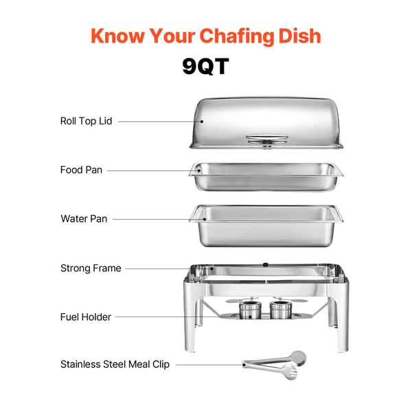 Chafing Dish Set, Rolltop Bufféserver 9QT Rostfritt Stål, Silver