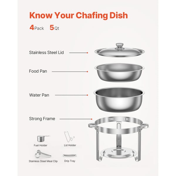 Chafing Dish Buffet -setti, 4 kpl, 5 qt, ruostumaton teräs, hopea, tarjoilulämmitin