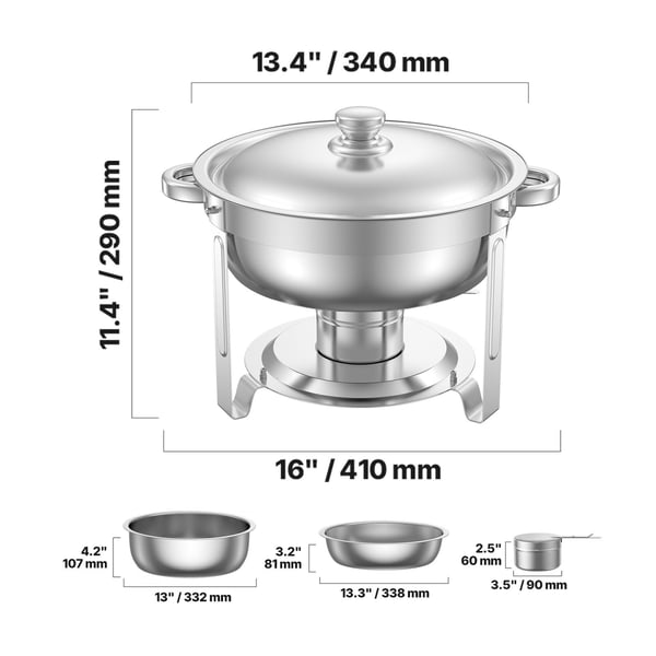 Chafing Dish Buffet -setti, 4 kpl, 5 qt, ruostumaton teräs, hopea, tarjoilulämmitin