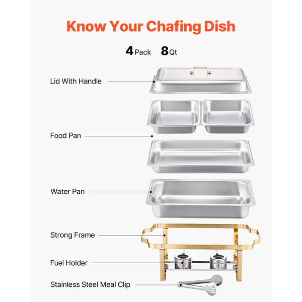 Chafing-astia buffet-setti, 4 kpl, ruostumaton teräs, kulta