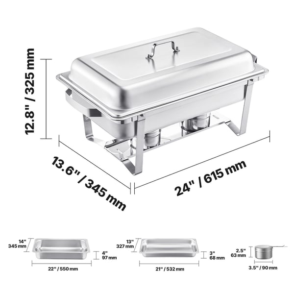 Chafing-astia buffet-setti, 8 qt 2 kpl, ruostumaton teräs, hopea