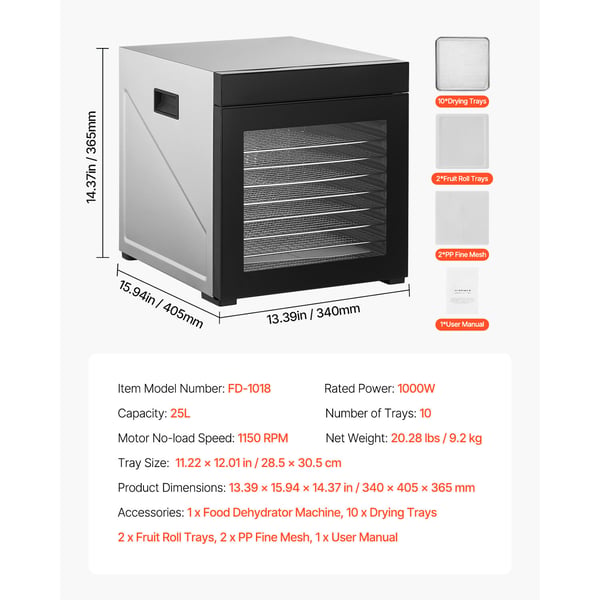 Matdehydrator, 10 brickor, 34x40.5x36.5 cm, rostfritt stål
