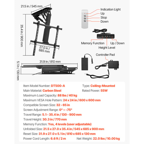 Loftmonteret TV-beslag, Motoriseret elektrisk justerbar, 54,5x68,5x90 cm, Stål