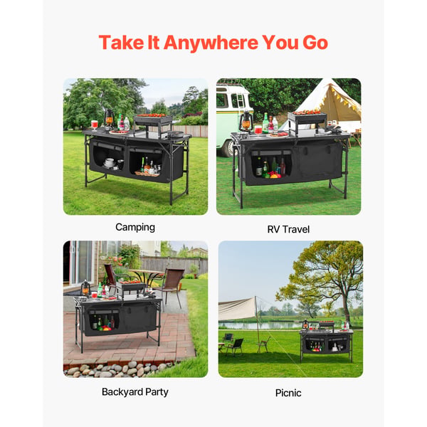 Camping køkkenbord, 56x71x71 cm, Sort, Aluminium, Opbevaring