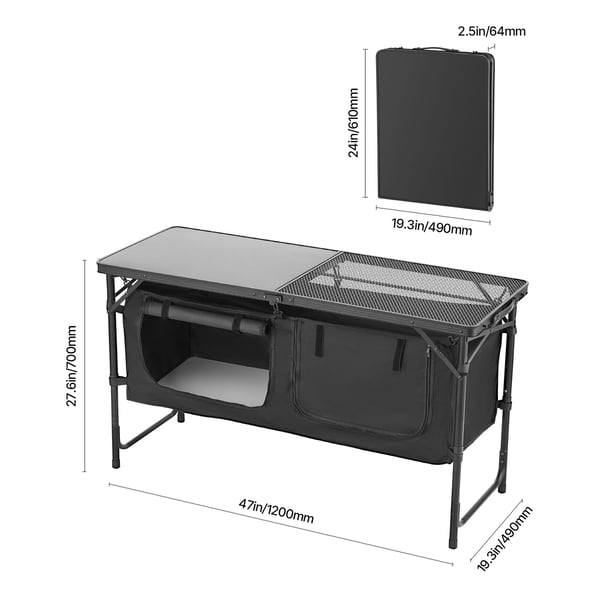 Camping køkkenbord, 56x71x71 cm, Sort, Aluminium, Opbevaring