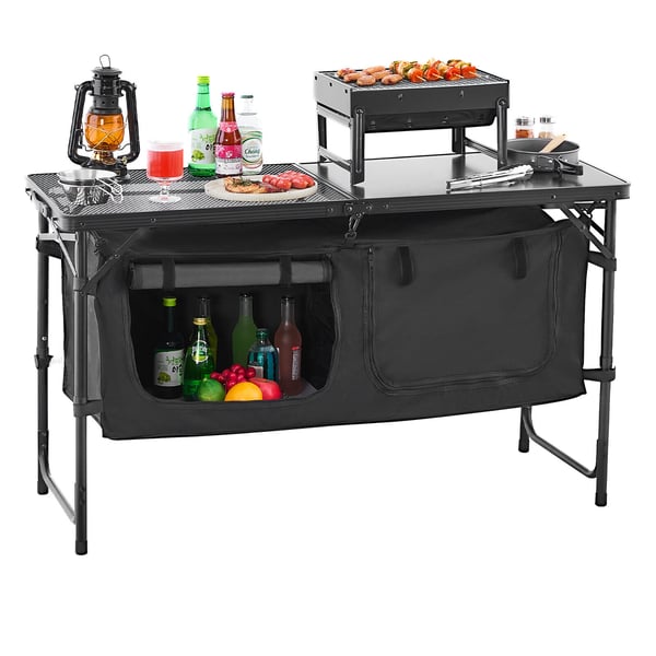 Camping køkkenbord, 56x71x71 cm, Sort, Aluminium, Opbevaring
