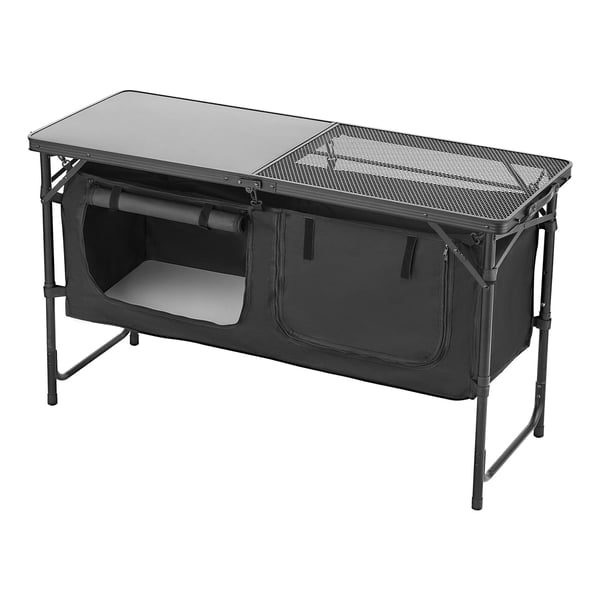 Camping køkkenbord, 56x71x71 cm, Sort, Aluminium, Opbevaring