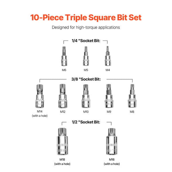 Triple Square Spline Bit Sæt, 10-dele, 21x11.2x3.8 cm, Sort, Stål