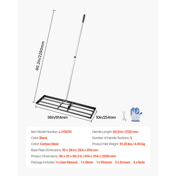 Plæneafretter rive, 91,4x25,4 cm plade, 213 cm skaft, sort, kulstofstål