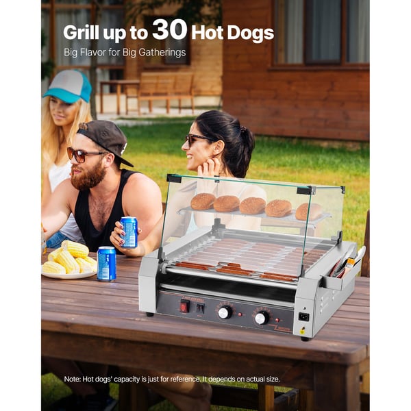 Hot Dog -rullagrilli, 30 hot dogia, 11 rullaa, ruostumaton teräs, kaupallinen