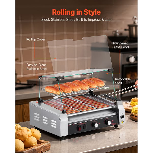 Hot Dog -rullagrilli, 30 hot dogia, 11 rullaa, ruostumaton teräs, kaupallinen