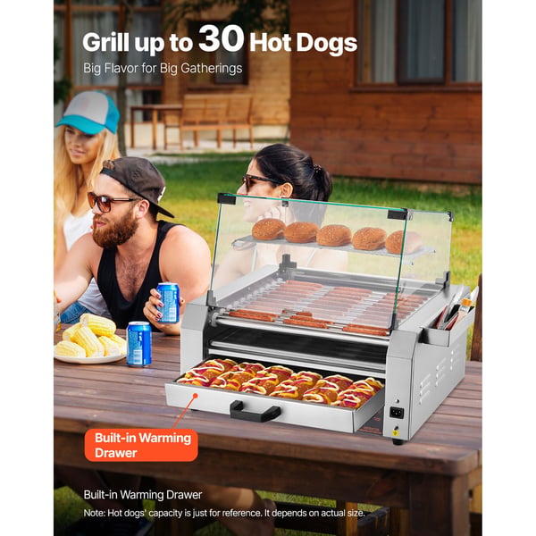Hot Dog -rullagrilli, 30 hot dogia, 11 rullaa, ruostumaton teräs, sämpylänlämmitin, ammattikäyttöön