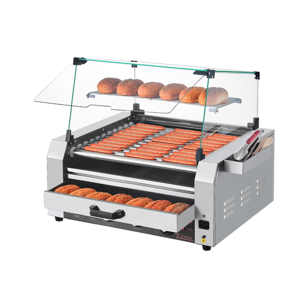 Hot Dog -rullagrilli, 30 hot dogia, 11 rullaa, ruostumaton teräs, sämpylänlämmitin, ammattikäyttöön