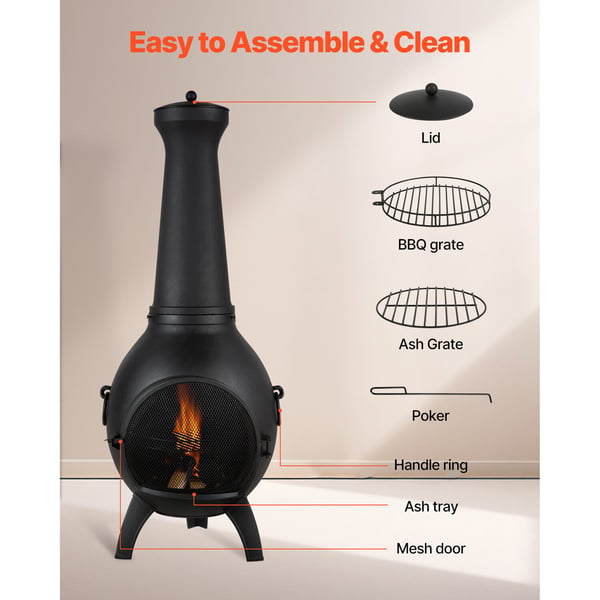 Chiminea, Pallomainen ulkotulisija, 52x50x130 cm, Musta, Alumiini