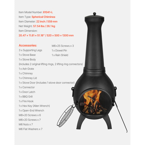 Chiminea, Pallomainen ulkotulisija, 52x50x130 cm, Musta, Alumiini
