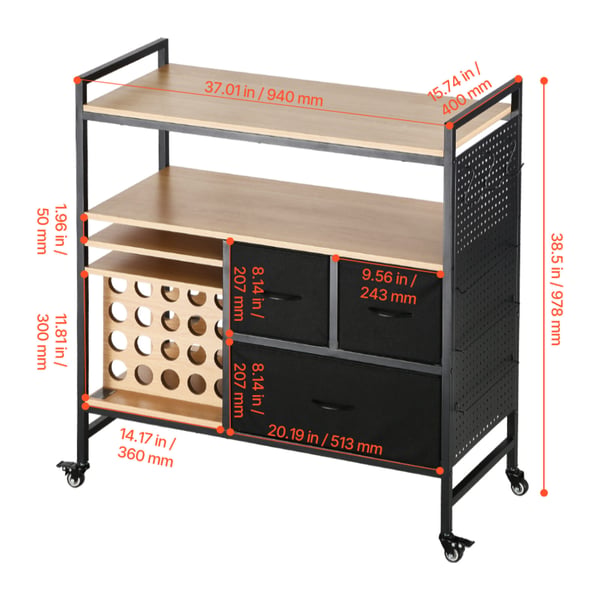 Rullende hobbyvogn og opbevaringsbord, 94x40x97,8 cm, sort
