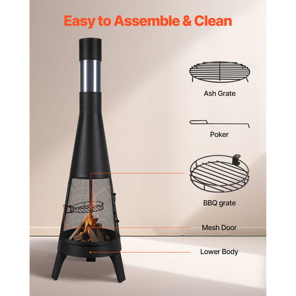 Chiminea, 50,8x149,5 cm, Musta, Ulkokäyttöön, Puulämmitteinen Tulisija