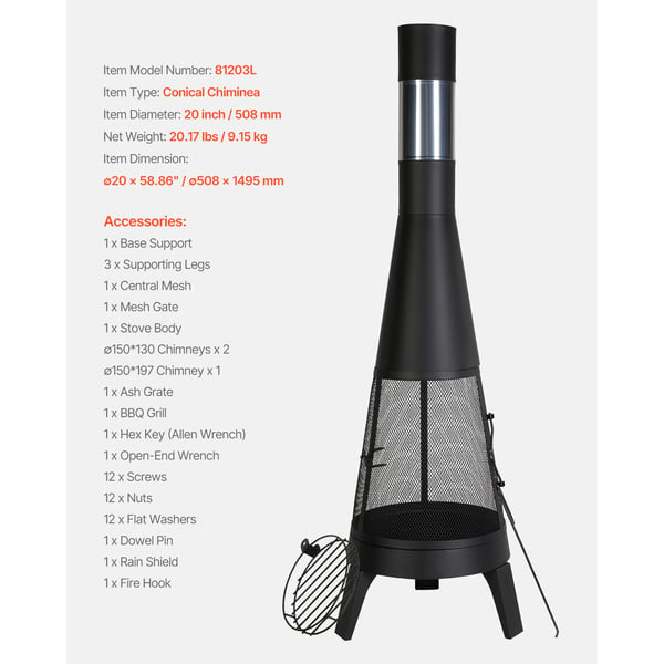 Chiminea, 50,8x149,5 cm, Musta, Ulkokäyttöön, Puulämmitteinen Tulisija