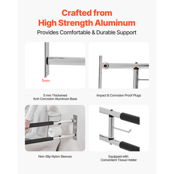 Toiletsikkerhedsrail, U-formet foldbar støttebøjle 28x7.5x76.5 cm, sølv, aluminium
