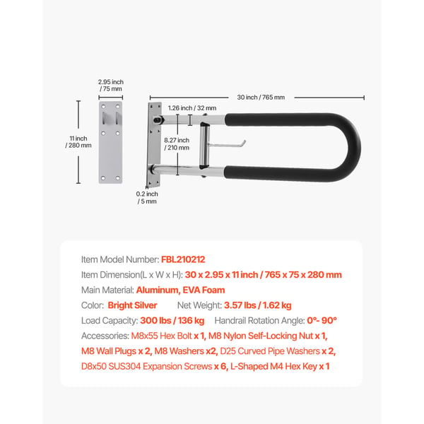 Toiletsikkerhedsrail, U-formet foldbar støttebøjle 28x7.5x76.5 cm, sølv, aluminium