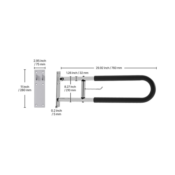 Toiletsikkerhedsrail, U-formet foldbar støttebøjle 28x7.5x76.5 cm, sølv, aluminium