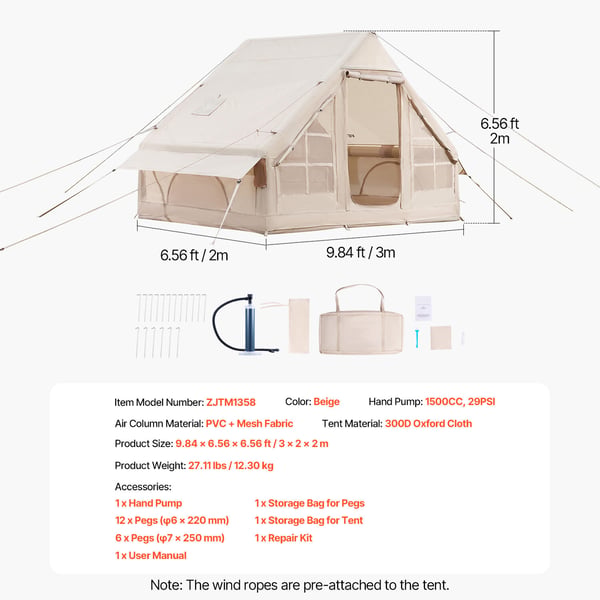 Oppusteligt campingtelt, 3x2x2 m, beige, 4-sæsoners udendørs shelter