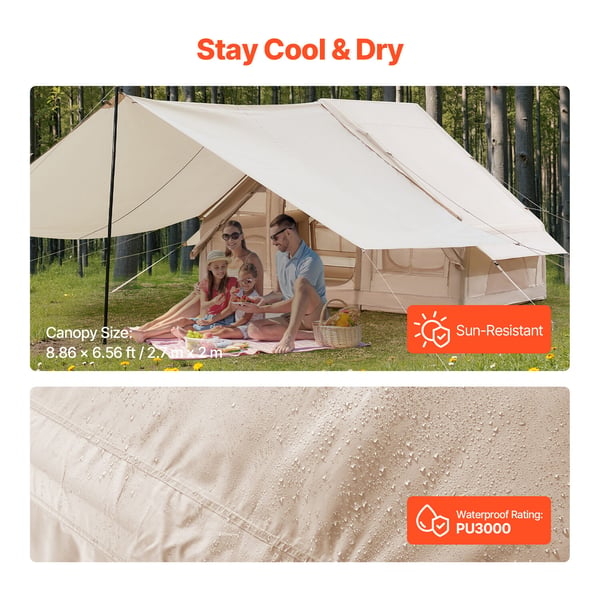 Uppblåsbart campingtält 3x2x2 m beige, 4 säsonger, oxfordtyg