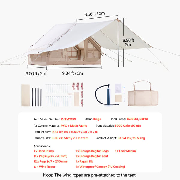 Uppblåsbart campingtält 3x2x2 m beige, 4 säsonger, oxfordtyg
