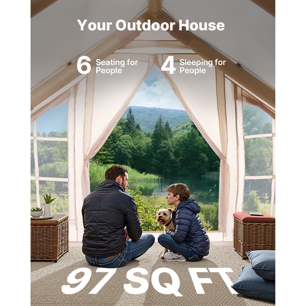 Oppusteligt campingtelt, 3x3x2,3 m, beige, 4-6 personer, oxfordstof