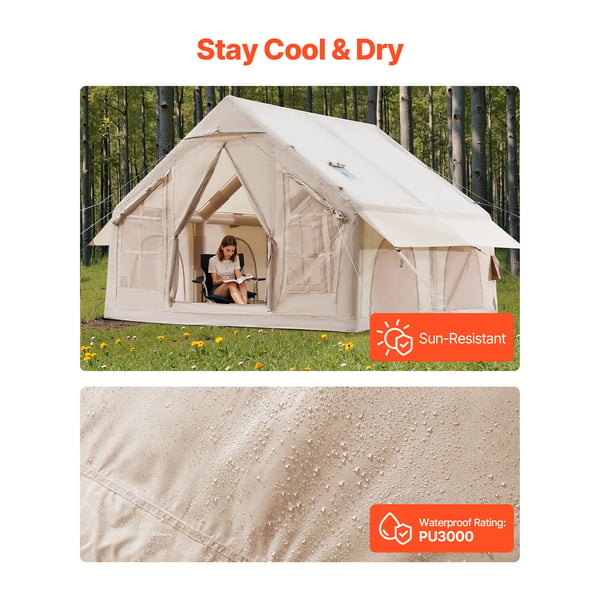 Oppusteligt campingtelt, 3x3x2,3 m, beige, 4-6 personer, oxfordstof