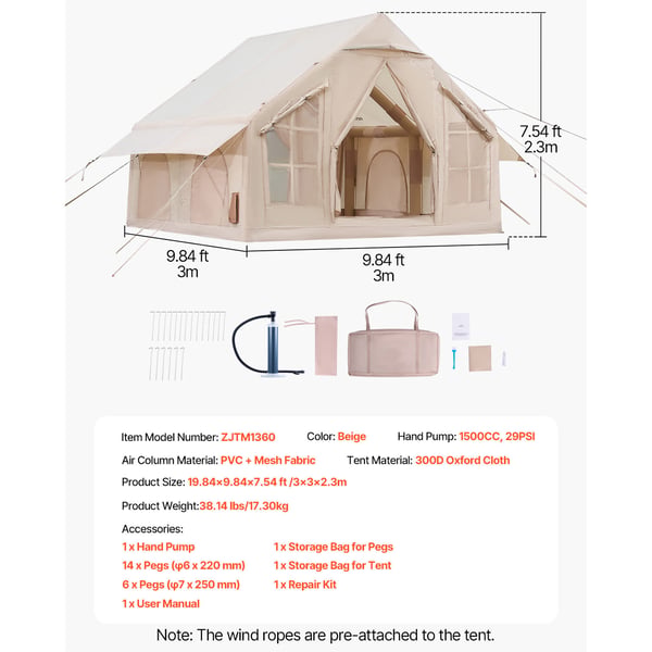 Oppusteligt campingtelt, 3x3x2,3 m, beige, 4-6 personer, oxfordstof