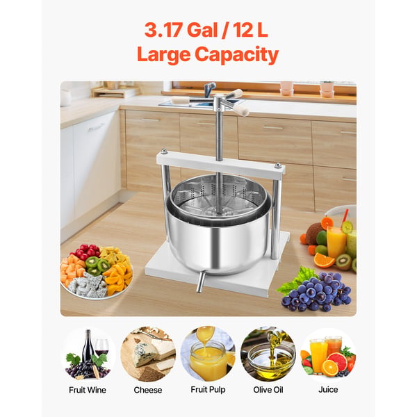 Frugt- og vinpresse, 12L, 370x355x410 mm, Hvid, Rustfrit stål