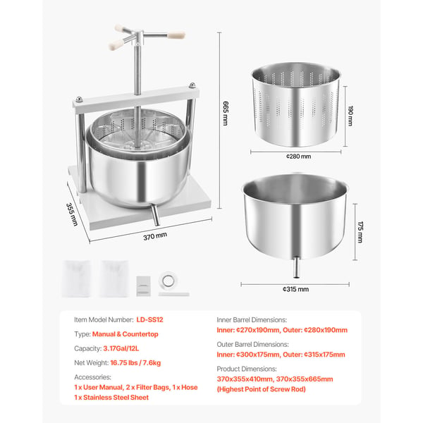 Frugt- og vinpresse, 12L, 370x355x410 mm, Hvid, Rustfrit stål
