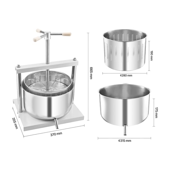 Frugt- og vinpresse, 12L, 370x355x410 mm, Hvid, Rustfrit stål
