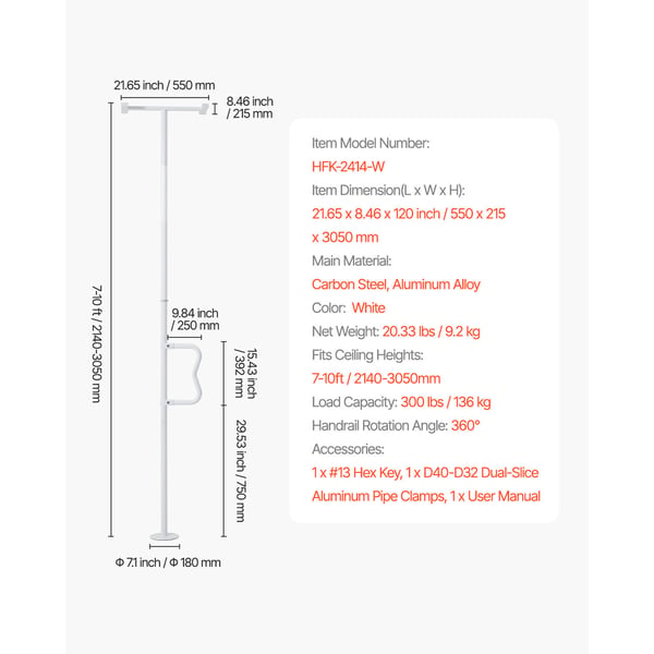 Transferstang, gulv-til-loft gribestang 550x215x3050 mm, hvid, metal