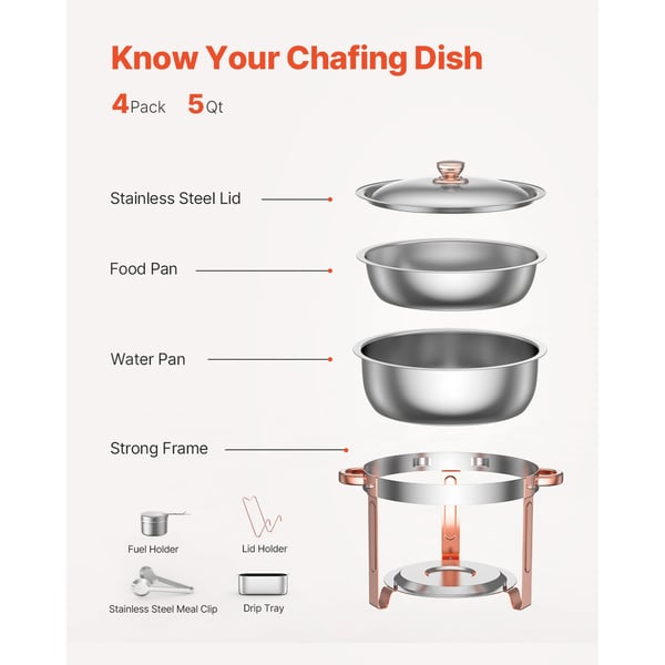 Chafing-astia buffet-setti, 5 qt 4 kpl ruostumaton teräs, ruusukulta, tarjoilulämmitin