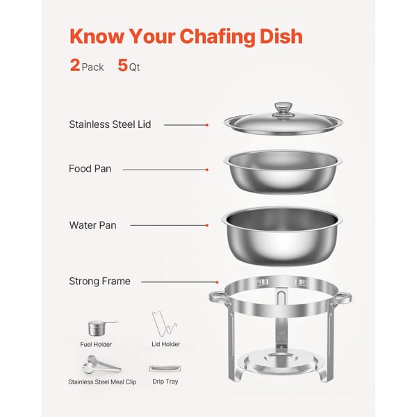 Chafing Dish Buffet -setti, 5 Qt 2 kpl, ruostumaton teräs, hopea, tarjoilulämmitin