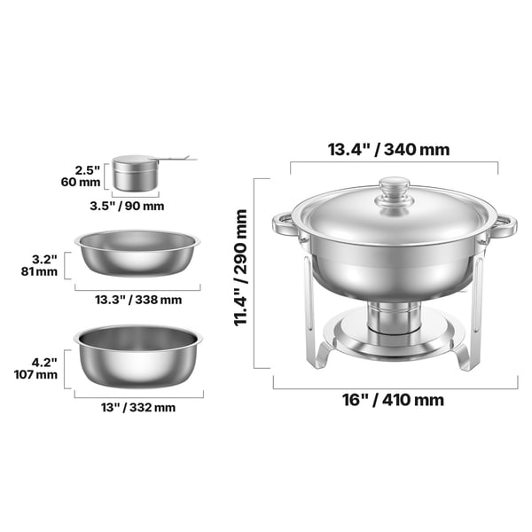 Chafing Dish Buffet -setti, 5 Qt 2 kpl, ruostumaton teräs, hopea, tarjoilulämmitin