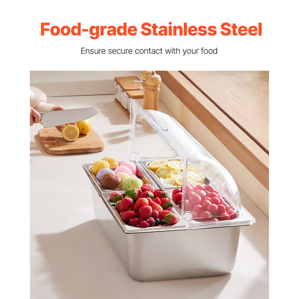 Buffé krydddispenser, 4 fack rostfritt stål, 54,6x36,5x31 cm, transparent lock