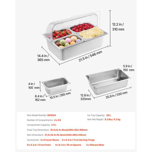 Buffé krydddispenser, 4 fack rostfritt stål, 54,6x36,5x31 cm, transparent lock