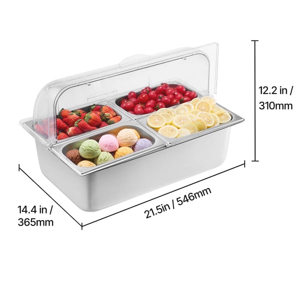 Buffé krydddispenser, 4 fack rostfritt stål, 54,6x36,5x31 cm, transparent lock