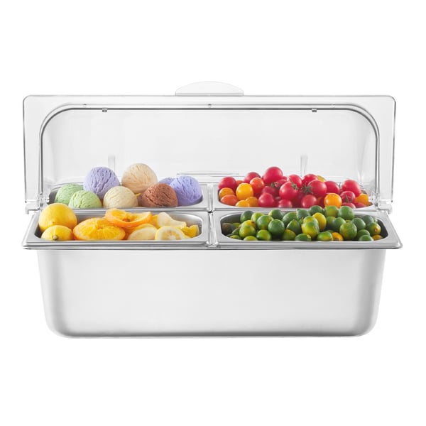 Buffé krydddispenser, 4 fack rostfritt stål, 54,6x36,5x31 cm, transparent lock