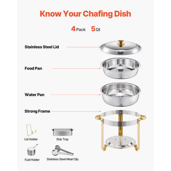 Chafing-astia buffet-setti, 5 qt 4 kpl, kulta, ruostumaton teräs