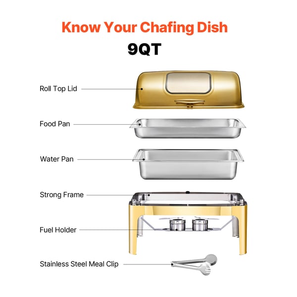 Chafing Dish Set, Rolltop Buffé 9QT Rostfritt Stål Guld